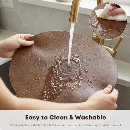 Artoid Mode Brown Faux Leather Placemats Set of 6, 15 Inch Waterproof Wipeable Heat Resistant Vinyl Place Mats, Reversible Table Mats for Kitchen Dining Decor