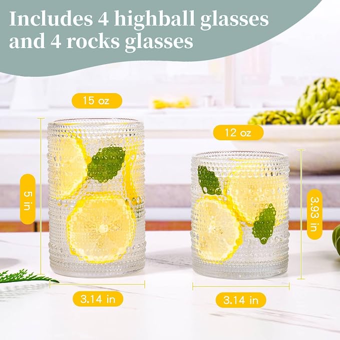 Amber Hobnail Drinking Glasses Set of 8, 15 oz Vintage Highball Glassess & 12 - Image 3