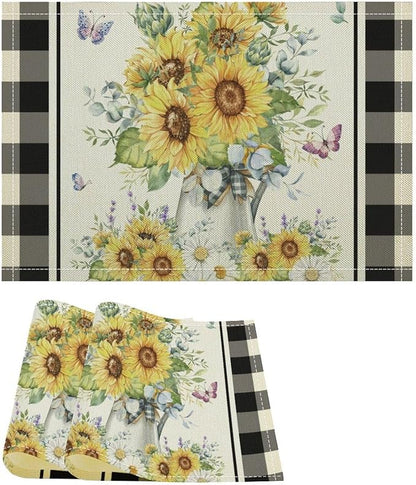 Vintage Sunflower Theme Placemat Set, Rustic Farmhouse Vivid Lavender Floral Butterflly Black White Check Pattern Home Decor Linen Table Mats for Dining Room Kitchen Party (17x12in) x2P