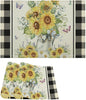 Vintage Sunflower Theme Placemat Set, Rustic Farmhouse Vivid Lavender Floral Butterflly Black White Check Pattern Home Decor Linen Table Mats for Dining Room Kitchen Party (17x12in) x2P