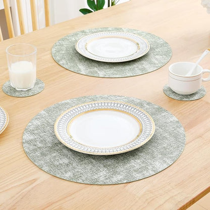 Homaxy Round Faux Leather Placemats and Coasters, Grass Green | Washable - Image 7