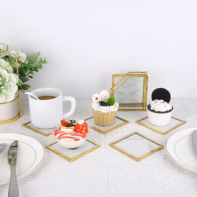 JUXYES Set of 7 Gold Brass Clear Glass Round Coaster - Image 6