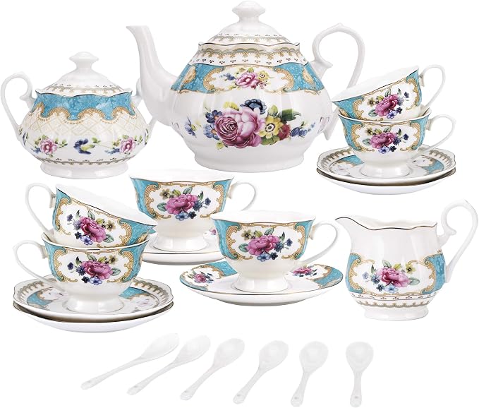 fanquare 15 Pieces European Retro Rose Tea Set, English Flora Tea Set by fanquare