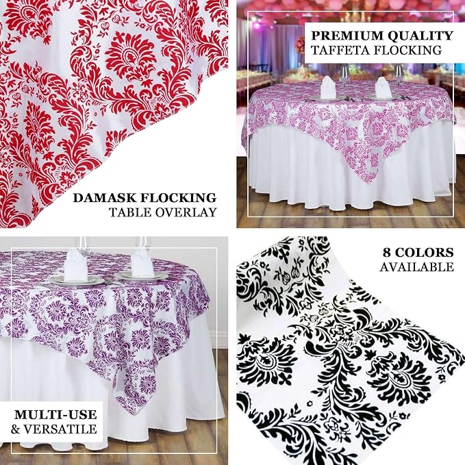 Efavormart Black Damask Flocking Square Tablecloth Overlay 90"x90" Square - Image 3