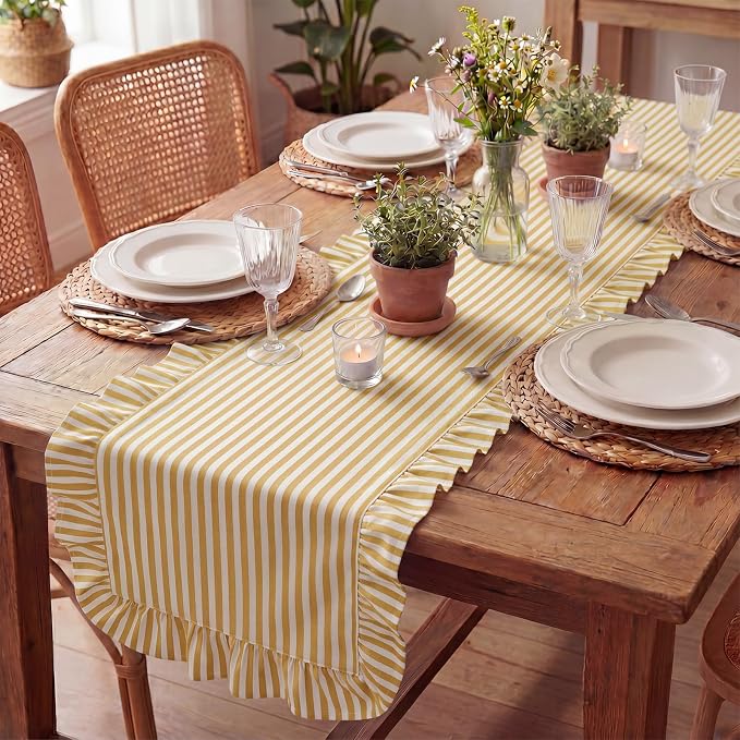 HunnmingRe Ruffle Trim Boho Table Runner Farmhouse Rustic Stripes Scalloped - Image 8