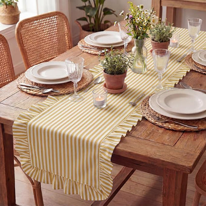 HunnmingRe Ruffle Trim Boho Table Runner Farmhouse Rustic Stripes Scalloped - Image 8
