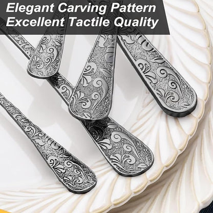 Runfly Vintage Carved Black Stainless Steel 20-Piece Flatware Set | Silverware - Image 7