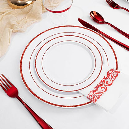 WELLIFE 700 Pcs Red Plastic Plates for 100 Guests - Plastic Dinnerware Set,Party Supplies Includes 200 Red Disposable Plates,300 Silverware,100 Napkins,100 Cups,Valentines Plates