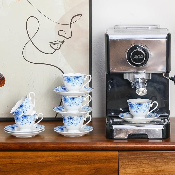 2.5oz Porcelain Demitasse Set of 6, 75ml Espresso Cup | Classic blue floral - Image 4