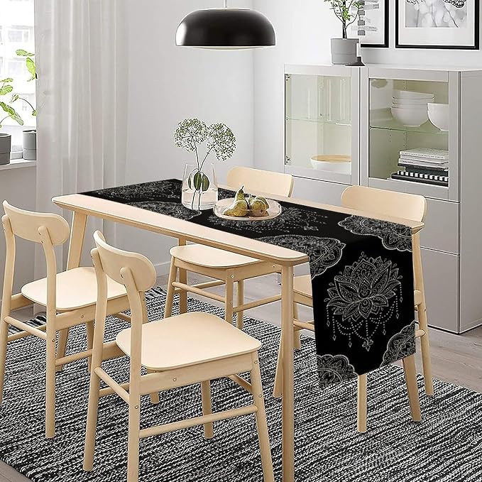 Lotus Flower Table Runner, Bohemian Ethnic Oriental Mandala Black White Floral - Image 3