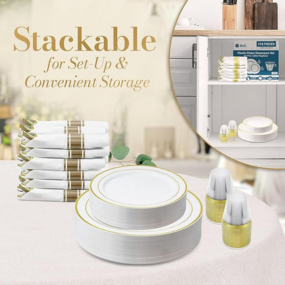Reli. Plastic Plates for Party | 350 Pieces | White w/Gold Rim | Plates and Napkins Party Supplies | Disposable Dinnerware Set for 50 Guests | Dinner & Dessert Pack, Pre-Rolled Gold Cutlery Set, Cups