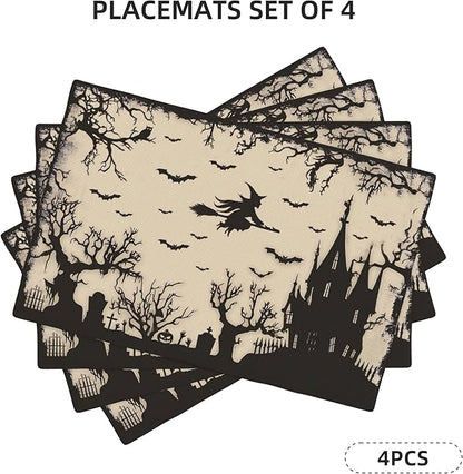 Halloween Witch Castle Placemats Set of 4 Washable Table Place Mats for Dining Kitchen Party Decor