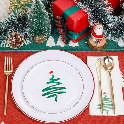 LIYH 60 Pcs Christmas Plates Disposable Heavy Duty, White Plastic Christmas Plates with Red Rim, Tableware Dishes, Xmas Party Decorations Holiday Party Supplies Serve for 30 Guests
