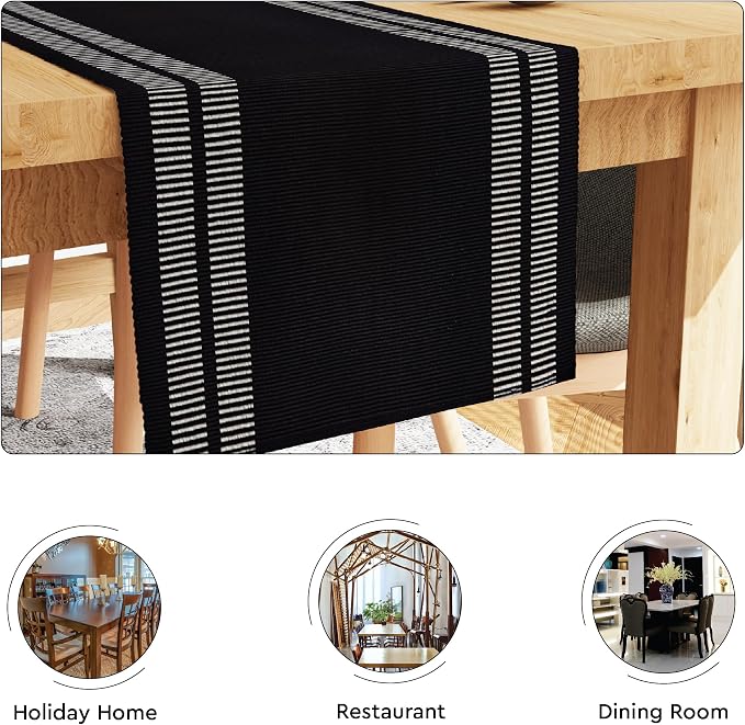 Encasa XO Table Runner, Yarn Dyed Ribbed Cotton 13"x72" | Ladder Black - Image 4