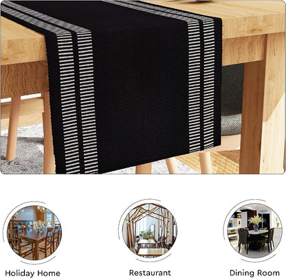 Encasa XO Table Runner, Yarn Dyed Ribbed Cotton 13"x72" | Ladder Black - Image 4