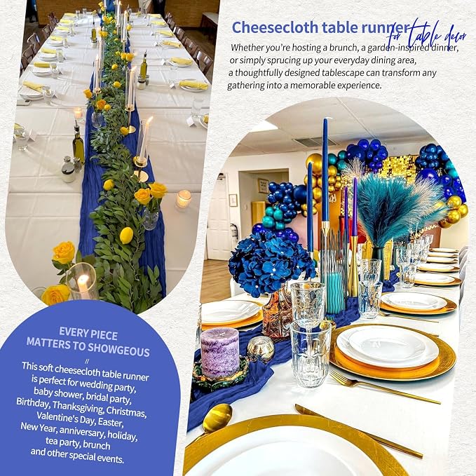 Showgeous 2 Pack Royal Blue Cheesecloth Table Runners Boho Wedding Decor | - Image 8