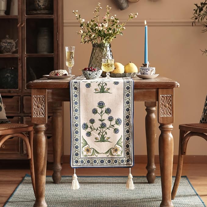 Patdrea Designer Elegant French Linen Table Runner, Floral Pattern - Image 2