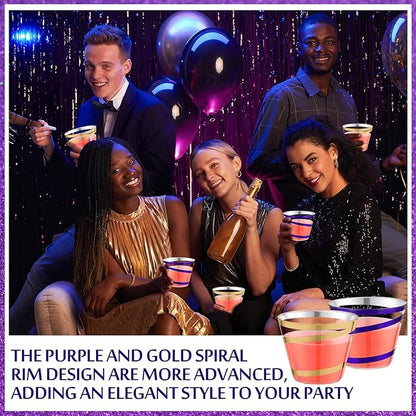 Gejoy 9 oz Rimmed Swirl Plastic Cups Disposable Wine Drinking Cups Clear Elegant Halloween Tumblers for Christmas Party Supplies(Purple, Gold,100 Pcs)