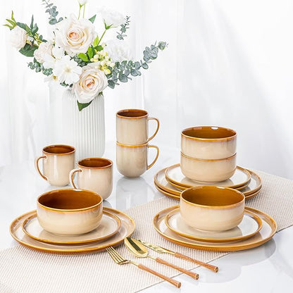 LERATIO Ceramic Dinnerware Sets for 4,16-PieceReactive Glaze Plates and Bowls Set with Mugs,Highly Chip and Crack Resistant | Dishwasher,Microwave & Oven Safe Dishes set-Kahki