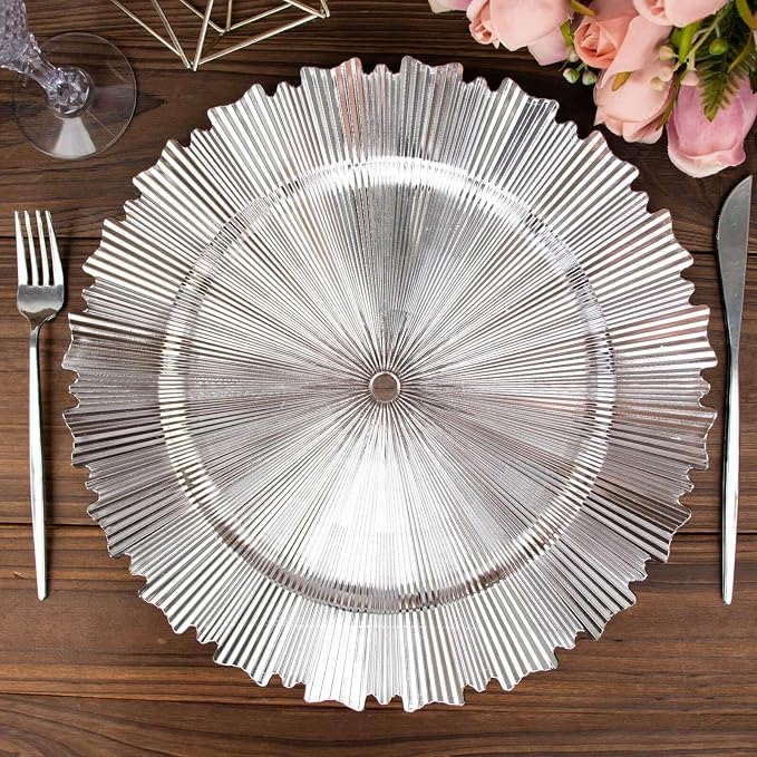 Efavormart 6 Pack | 13" Metallic Silver Sunray Acrylic Plastic Serving Plates - Image 9