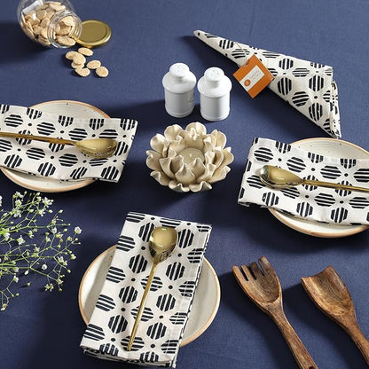 Taran Geometric Beige Print Cotton Dinner Napkins Set of 12 | 18x18 Inches | 100% Natural, Reusable Linens for Dinner, Events, Weddings