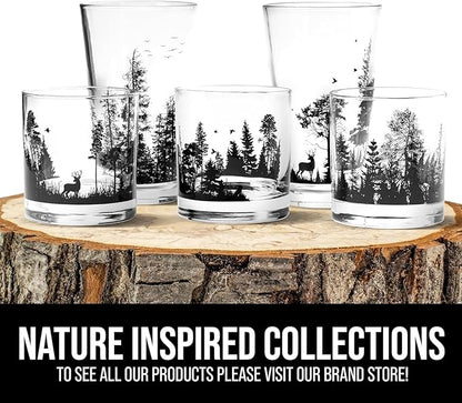 Double Exposure Bird Whiskey Glasses – Set of 2 by Black Lantern | 11oz Tumblers with Black Bird & Mountain Forest Design