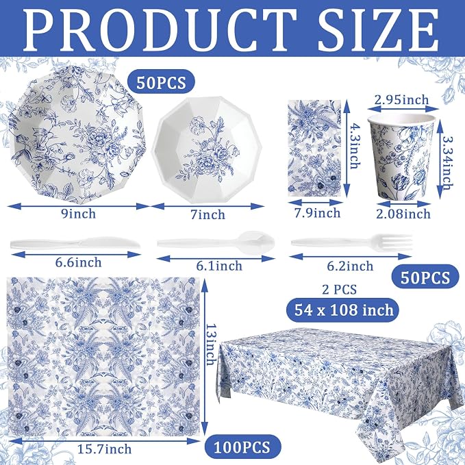 402 Pcs Blue Floral Disposable Tableware Set Serve 50 Baby Shower Party - Image 2