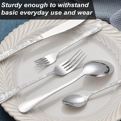 Runfly Vintage Carved Silver Stainless Steel 20-Piece Flatware Set | Silverware - Image 4