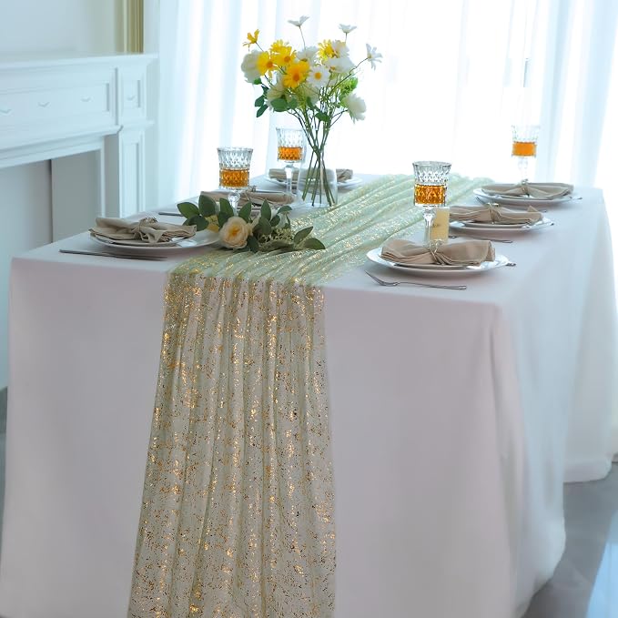 Snowkingdom Sage Gold Table Runner Gauze Sheer Tulle 10FT 120 Inch - Image 5