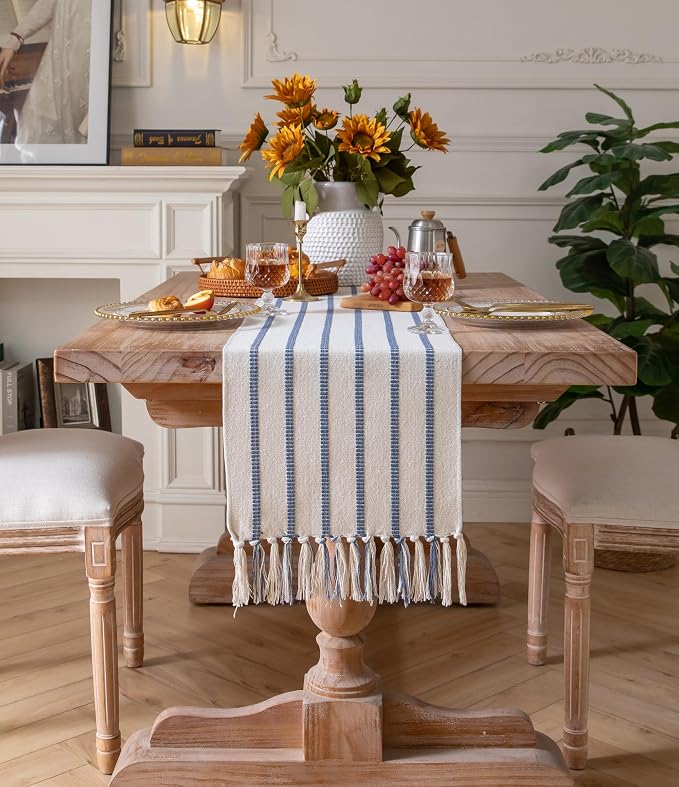 Caflife Boho Table Runner 60 Inchs Long Blue and Beige, Cotton and Linen Woven - Image 6