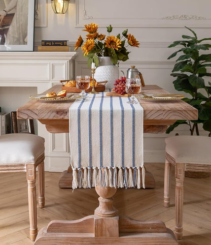 Caflife Boho Table Runner 60 Inchs Long Blue and Beige, Cotton and Linen Woven - Image 6