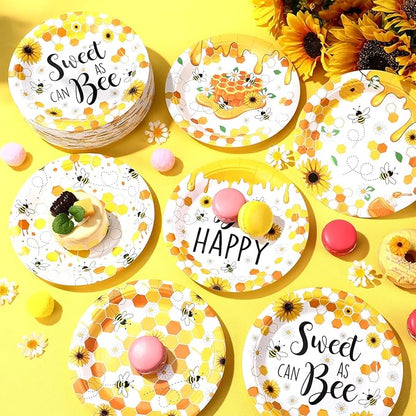 60 Pcs 7 Inch Honey Bee Paper Plates Bee Happy Shower Tableware Gender Reveal Party Dinnerware Honey Theme Day Birthday Party Tableware Decorations Favors