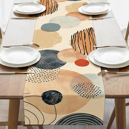 Boho Modern Geometric Dining Table Runner, Circle Abstract Art Burlap | Kitchen by Croar