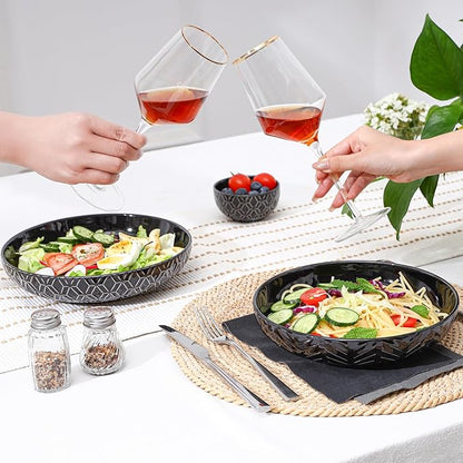 Sureasy Pasta Bowls Set of 4-30oz Large Embossed Salad Bowls, 8.5 Inch Wide and Shallow Plate Bowls, Salad Bowl, Microwave, Oven & Dishwasher Safe, Black