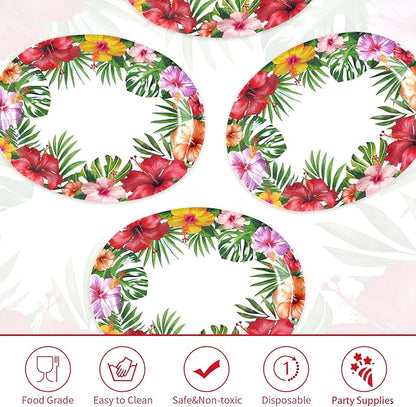 Grencian 50 Pcs Hawaiian Luau Oval Paper Plates 10"×12" Large Tropical Aloha Party Plates Disposable Heavy Duty Hawaiian Floral Luau Serving Tray for Summer Beach Birthday Party Supplies Decorations