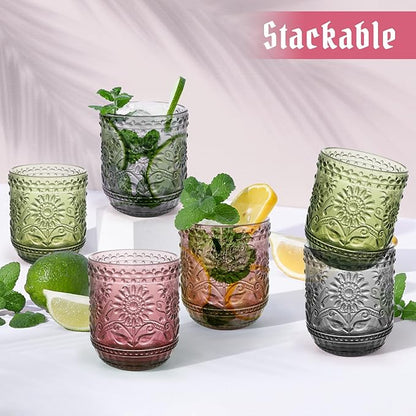 Topsky Vintage Drinking Glass Set of 6,12 oz Embossed Floral Decorative Glassware Set,Glass Cups Wine Glasses Beverages Tumblers Colored Glassware for Whisky,Beer,Juice,Cocktail,Heavy Duty