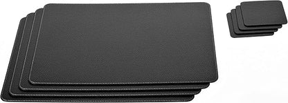 Nikalaz Set of Black Placemats and Coasters, 4 Table Mats and 4 Coasters, Recycled Leather, 18'' x 13''
