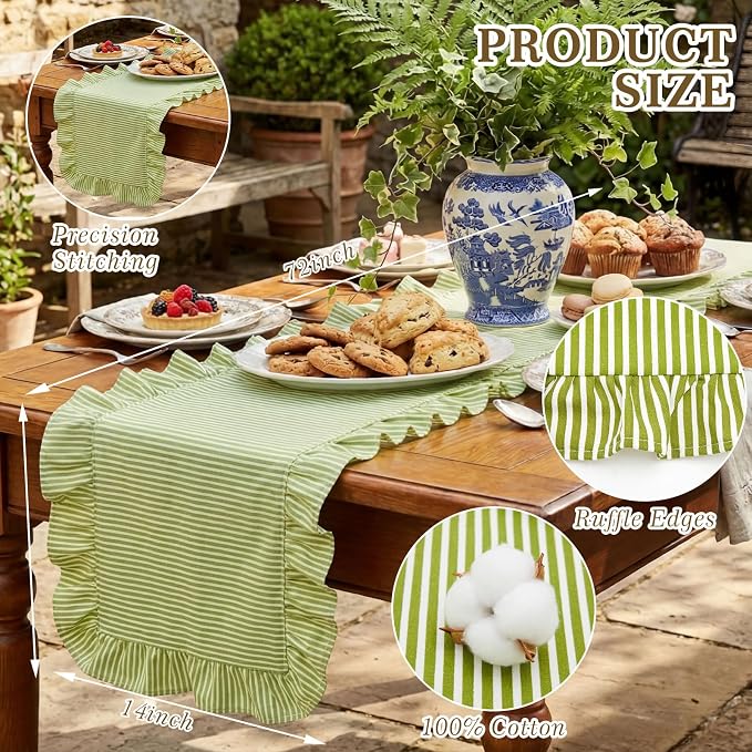 HunnmingRe Ruffle Trim Boho Table Runner Farmhouse Rustic Stripes Scalloped - Image 2