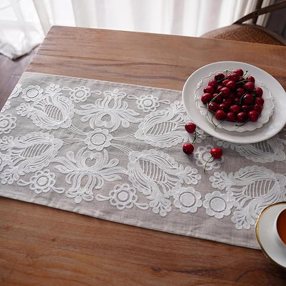 Embroidered Table Runner Boho Farmhouse Dresser Scarf, 4 Tassel Pendants - Image 5
