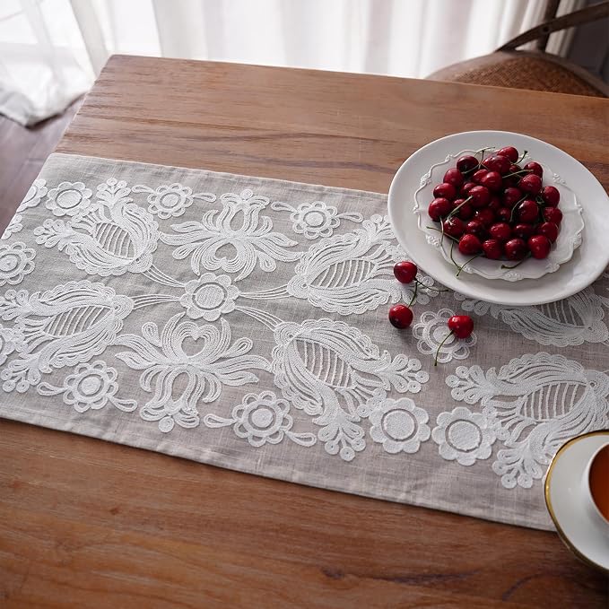 Embroidered Table Runner Boho Farmhouse Dresser Scarf, 4 Tassel Pendants - Image 5