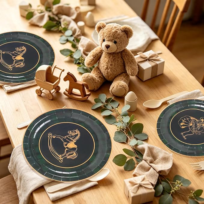 Whaline 48Pcs Baby Shower Paper Plates, Tartan Plaid, Rocking Horse, Gender - Image 5