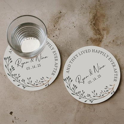 100 Pack Personalized Wedding Coasters, Custom Cardboard Coasters for Drinks with Photo Print and Text, Keepsake Wedding Favors and Gifts for Couples, 3.95" Round (Design 2)