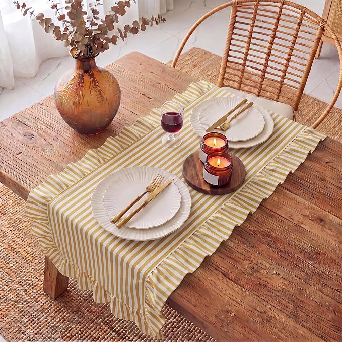 HunnmingRe Ruffle Trim Boho Table Runner Farmhouse Rustic Stripes Scalloped - Image 5