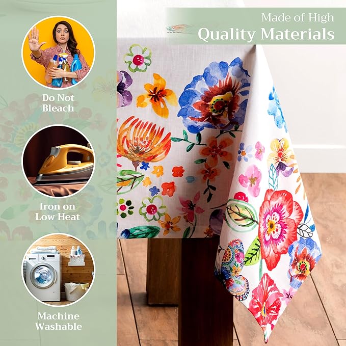 Maison d' Hermine Table Cloth Square Table 100% Cotton 60 x 60 Inches Tablecloth Reusable Decorative for Dining Room Farmhouse Home Valentines Day Decorations Spring Summer- Happy Florals -High Summer