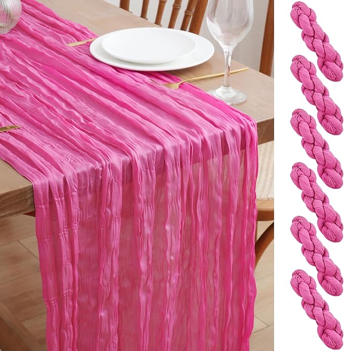 Asee'm 6pcs Hot Pink Cheesecloth Table Runner Summer 10FT Fuchsia Gauze | Boho by Aseem