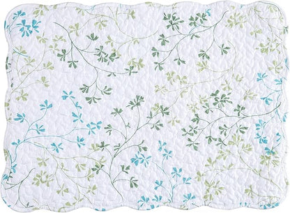 C&F Home Olivia Blue and White Floral Cotton Quilted Reversible Machine Washable Vintage Design Placemat Set 6 Scalloped Edges for Kitchen or Dining Table Rectangular Placemat Set of 6 White