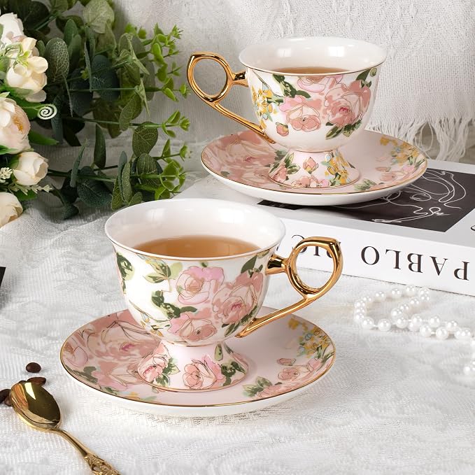 KAMMAK Tea Cups and Saucers Set of 2, Fine Bone China Coffee Cups, NX025 | - Image 3
