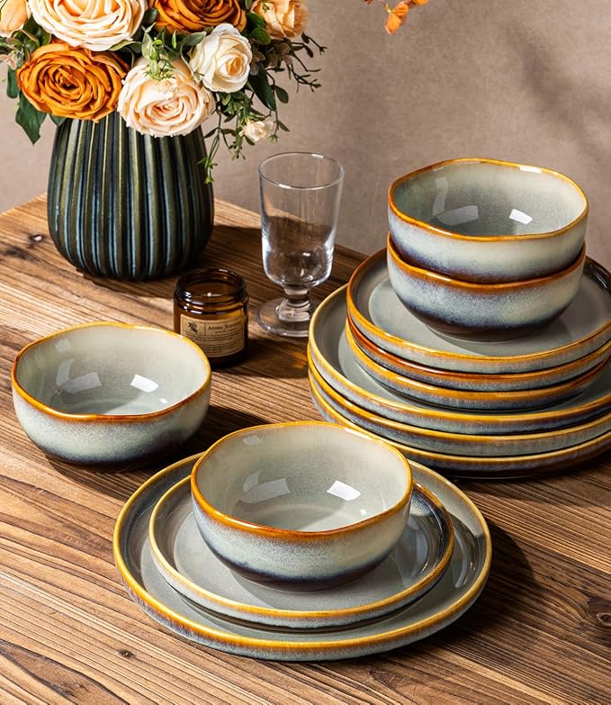 Ceramic Dinnerware Set for 4, 12-Piece Plates and Bowls Set | Handmade Reactive - Image 5