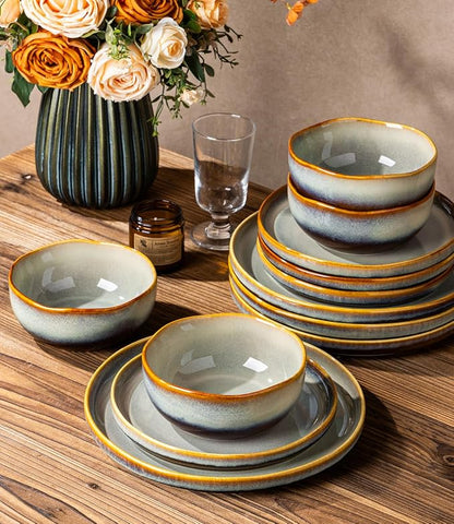 Ceramic Dinnerware Set for 4, 12-Piece Plates and Bowls Set | Handmade Reactive - Image 5