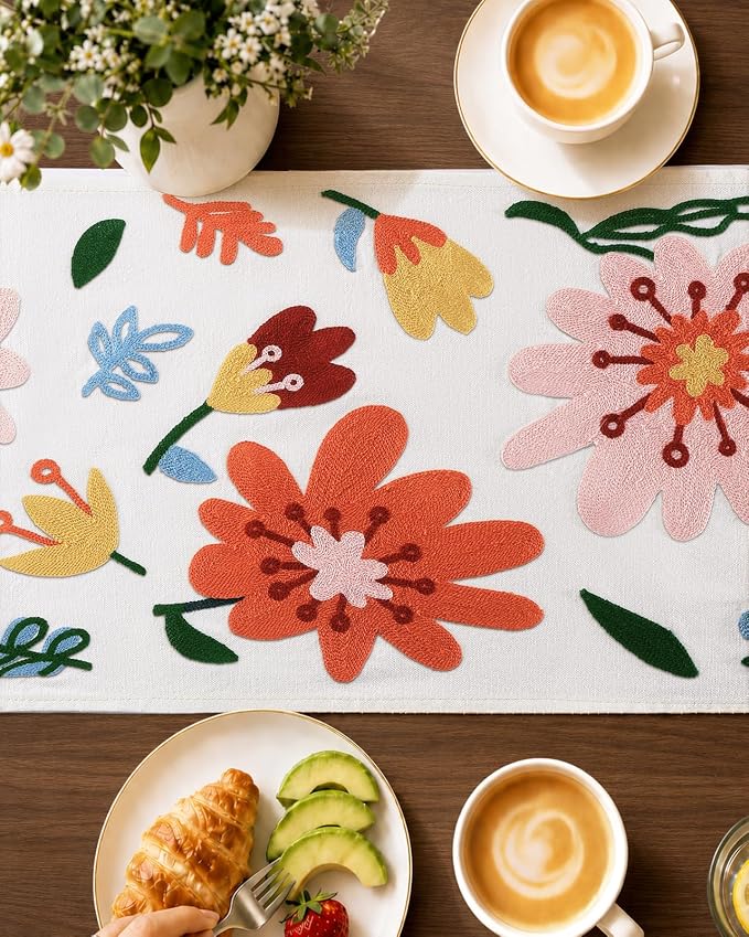 Canvas Embroidered Narrow 13"x 48" Table Runner, Colorful Flower | Exquisite - Image 3